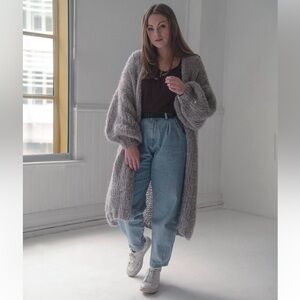 “Purl Studio,” Hand Knit, Soft Grey Ivy Mohair Duster w Pockets